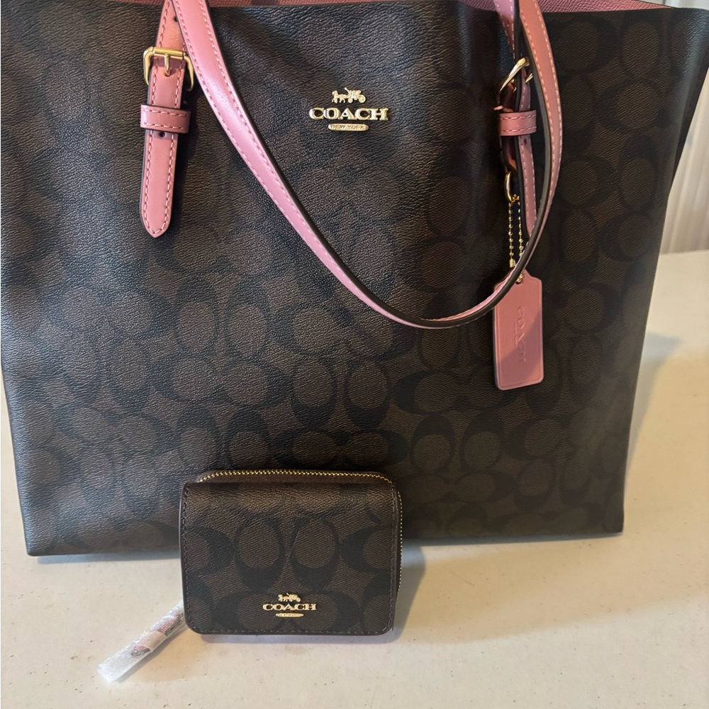 Coach Signature Brown and Pink MollieTote Bag and Matching Wallet